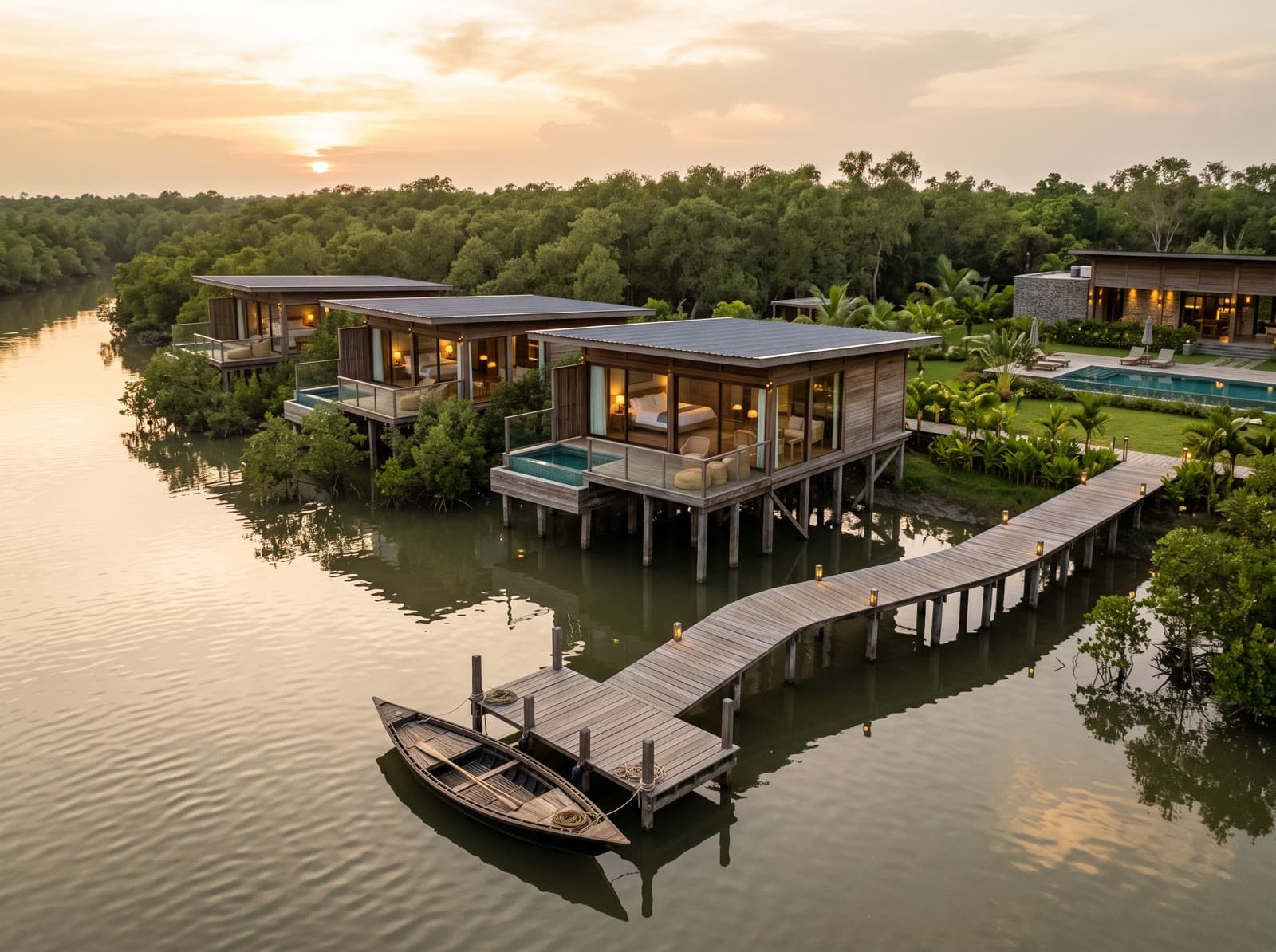 Generated scene of a fictional creek lodge in Satkhira.