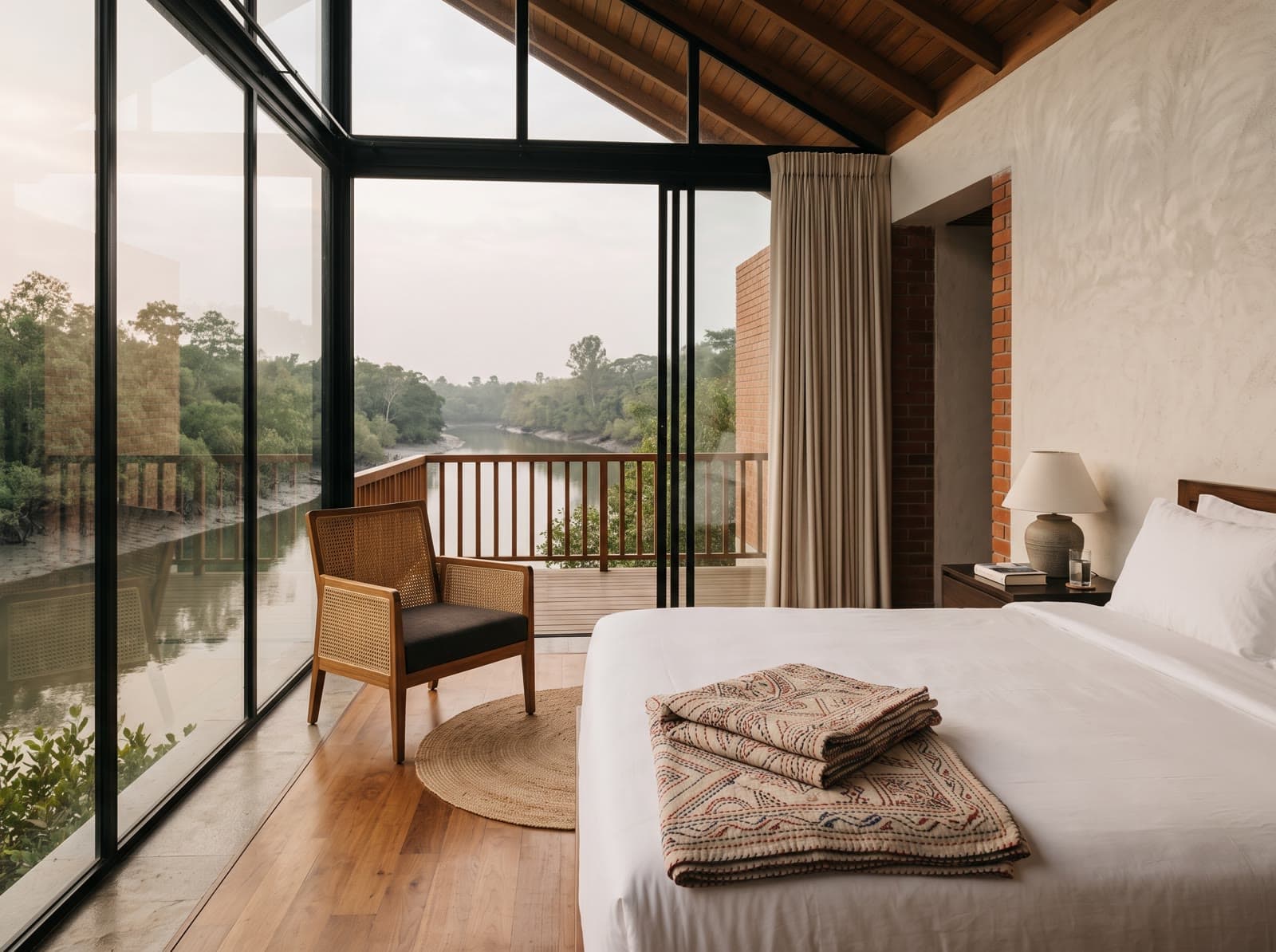 Generated scene of a fictional creek room with a glass wall.