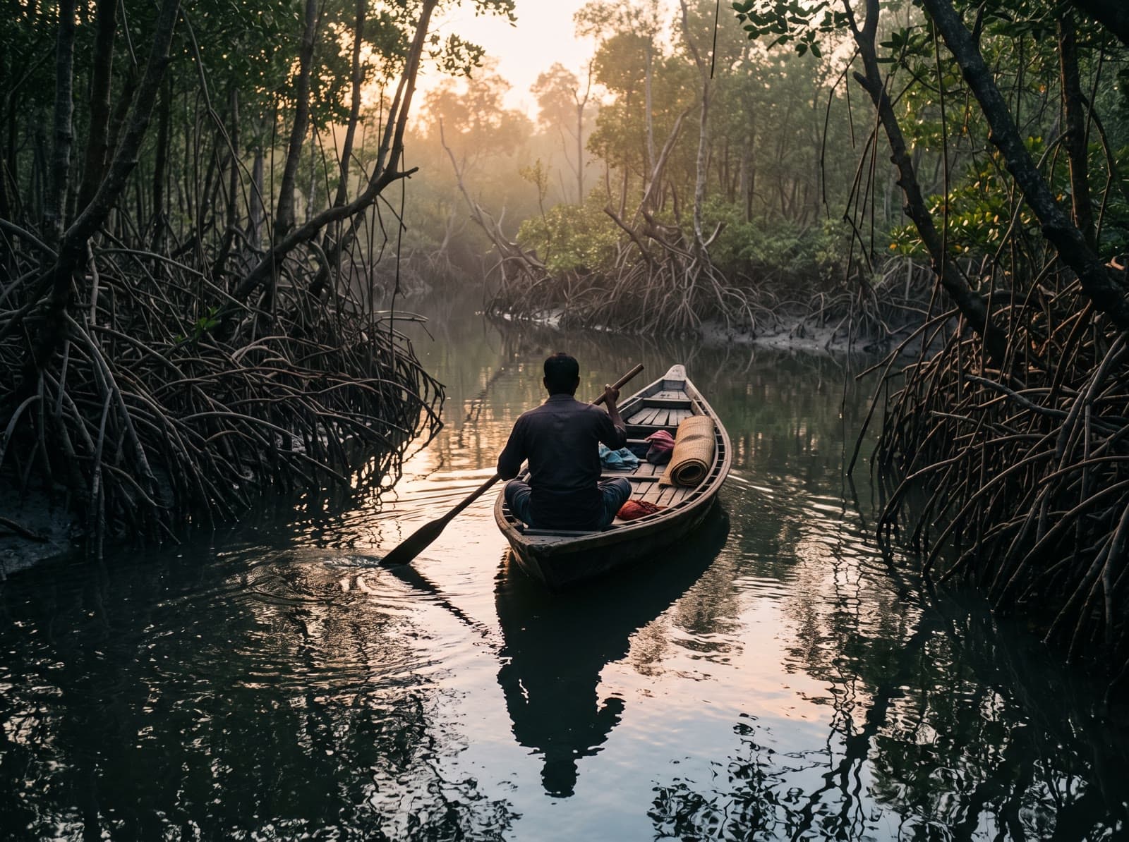 Generated scene of a fictional dawn boat in mangrove country.
